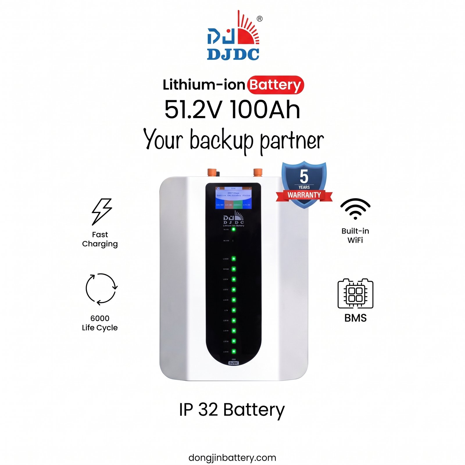 DJDC 5.12kWh 51.2V 100Ah Lithium Battery with Wi-Fi Wall Mounted IP32